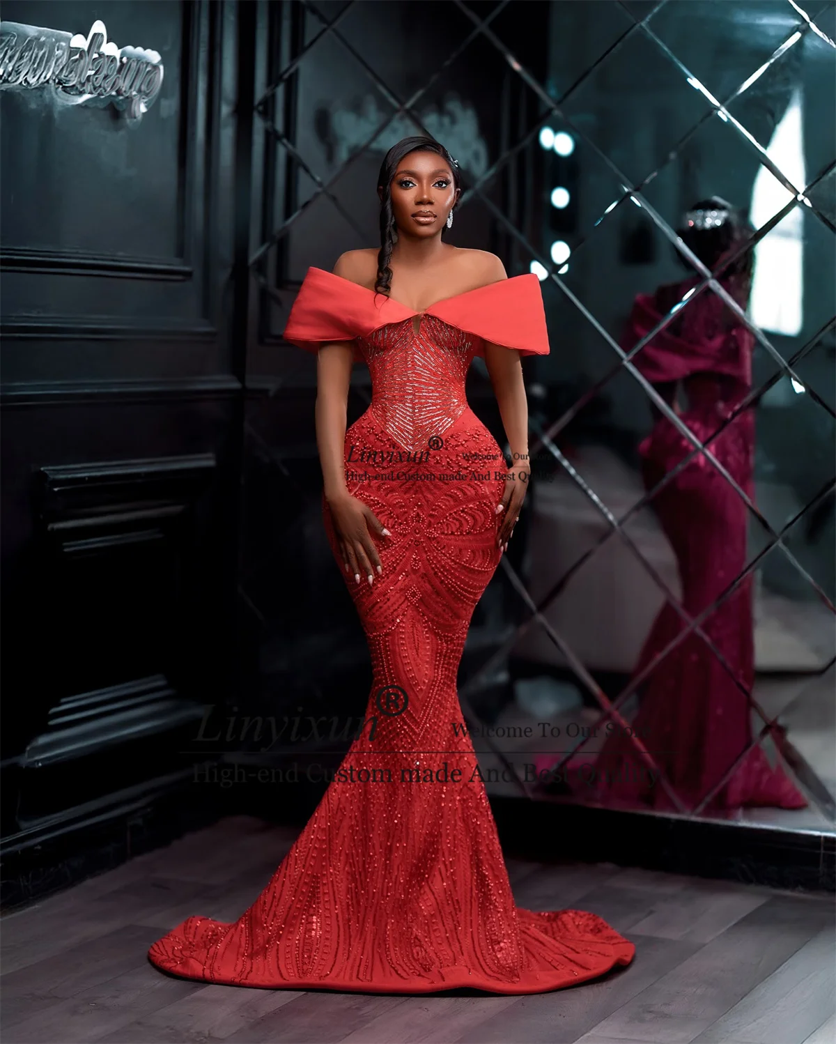 Vestidos de fiesta de sirena con diamantes y lentejuelas brillantes, vestido de fiesta de boda africano personalizado con hombros descubiertos, vestido de noche Aso Ebi Dubai