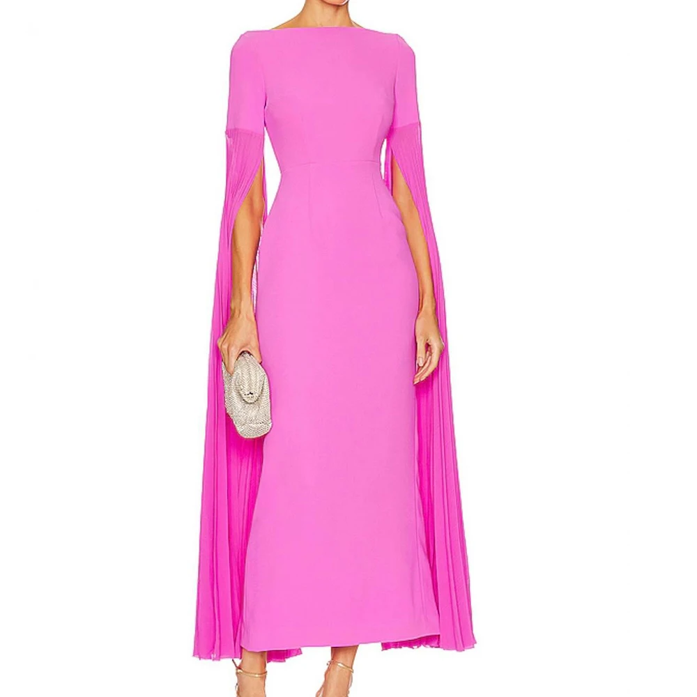 

Exquisite and Temperament Butterfly Sleeves Back Slit Evening Dresses Straight Ankle Length Boat Neck Jersey Pleats Long Sleeves