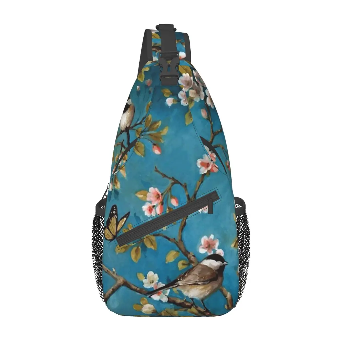 Birds Cherry Blossom Flowers Sling Bag Chest Crossbody Shoulder Backpack Outdoor Sports Daypacks Floral Fashion Bag