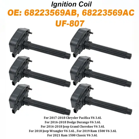 6ชิ้น 68223569 เอบี 68223569 เครื่องปรับอากาศ 68223569 AD UF-807 คอยล์จุดระเบิดสําหรับ Chrysler Pacifica Jeep Wrangler Dodge Durango Ram 1500 V6 3.6L