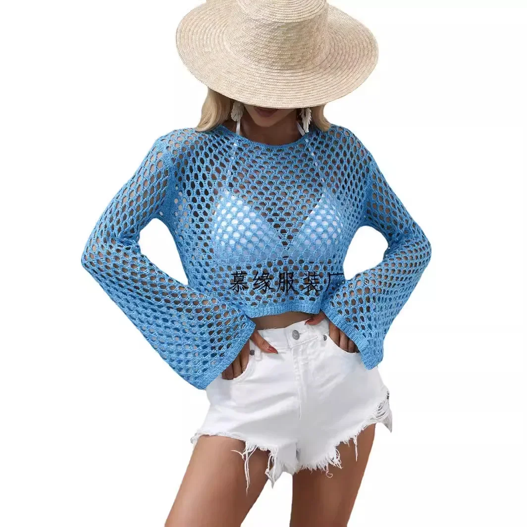 

Women Spring and Autumn New Knitwear Flared Sleeves Loose Round Neck Hollow Sexy Fashion Cool Affordable Temperament Sweater