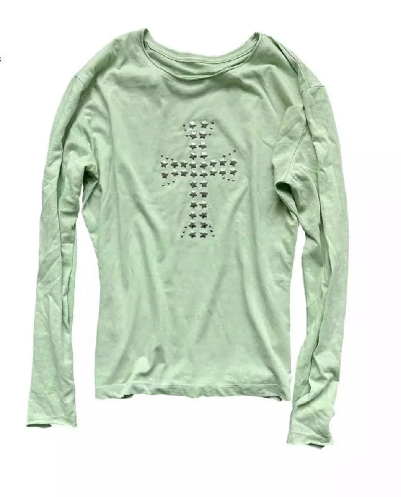 Fashion y2k 2025 new European and American circle collar street star cross hot diamond print slim slim long-sleeved T-shirt top