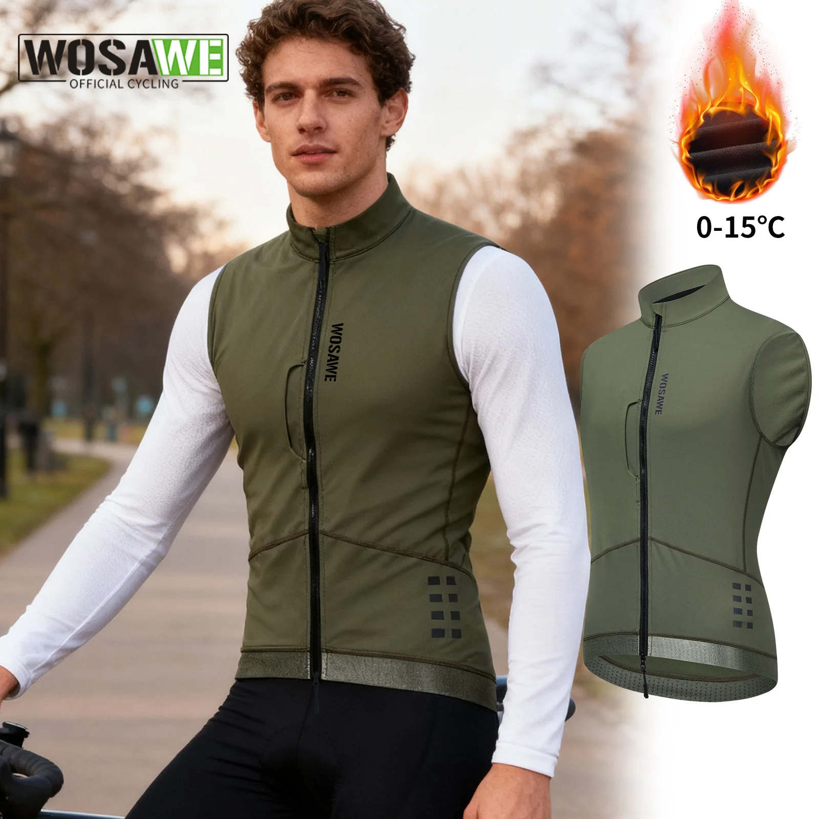 

WOSAWE Men's Winter Cycling Vest Breathable Fleece-Lined Warm MTB Bike Bicycle Jacket Sleeveless with YKK Two-Way Zippers