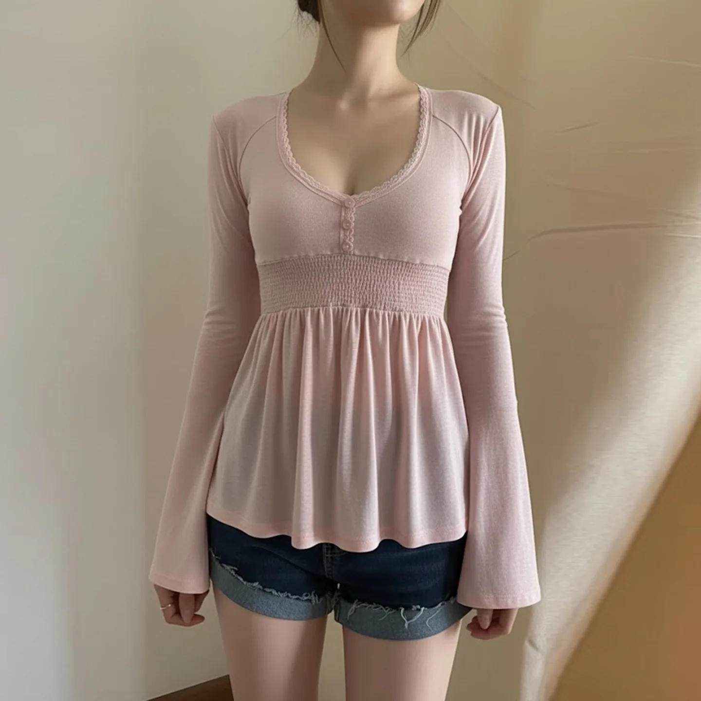 Women Knitting Sweater 2025 New French Chic Blouse Lace Paneled Low Neck Bell Sleeve Waist Cinching A Line Top image 2