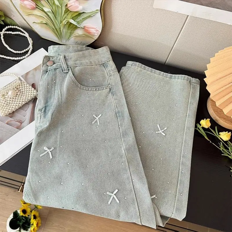 Fashionable and versatile bow jeans spring and summer new unique and trendy personality loose design ins style wide leg pants