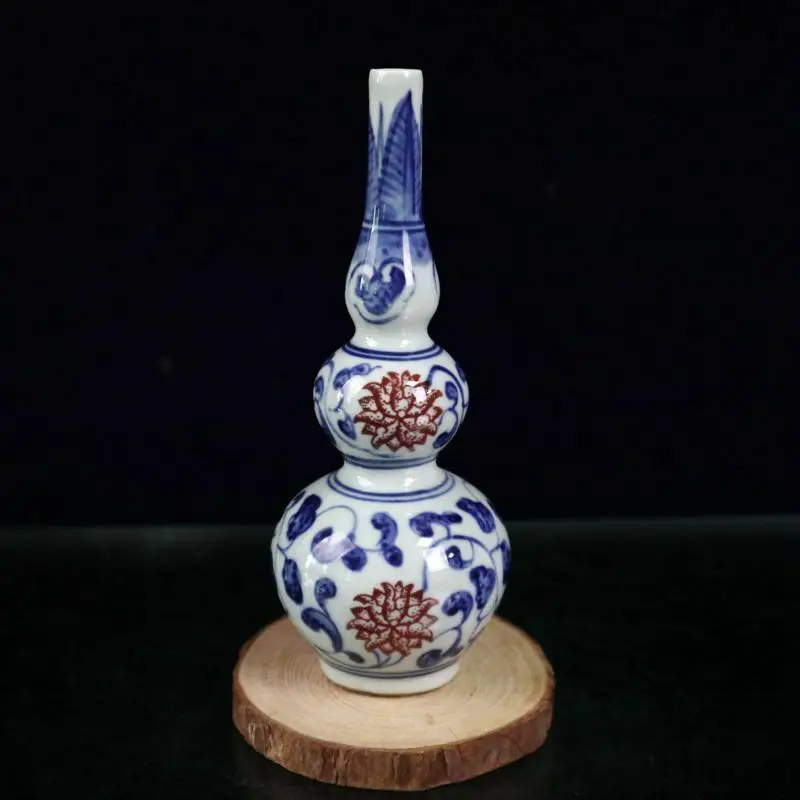 5.3" Chinese Blue White Porcelain Red Glaze Twine Lotus Flower Branch Gourd Vase
