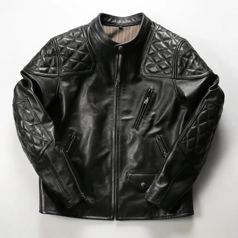 Motorcycle oil wax cowhide leather men's stand-up collar casual