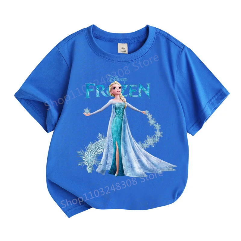 2024 New Design Cartoon Disney Frozen Princess Children 100%Cotton Girl Printed Street Casual Short Sleeve T-Shirt Girls Clothes