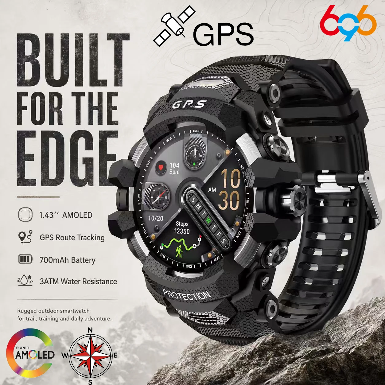 Men Outdoor Sports GPS Smart Watch Local Music Playback Compass Watches AMOLED Screen Health Flashlight Waterproof Smartwatch