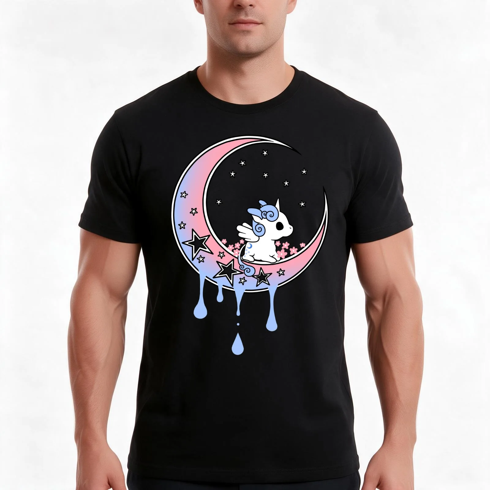 Dreamy Unicorn - Starbright Dripping Moon T-Shirt, Summer Casual Cotton Tee, Oversized Streetwear Tops, Vintage Graphic Print