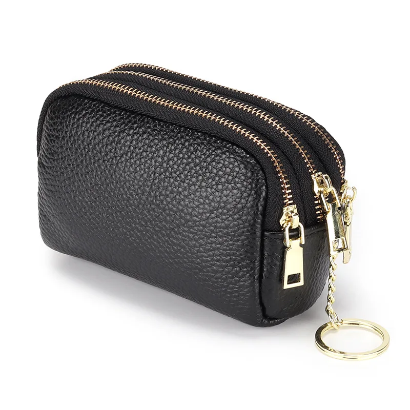 Porte-monnaie en cuir véritable à trois fermetures éclair pour femme, petit porte-cartes, portefeuille, porte-clés, mini pochette, sacs à main courts, haute qualité, mode