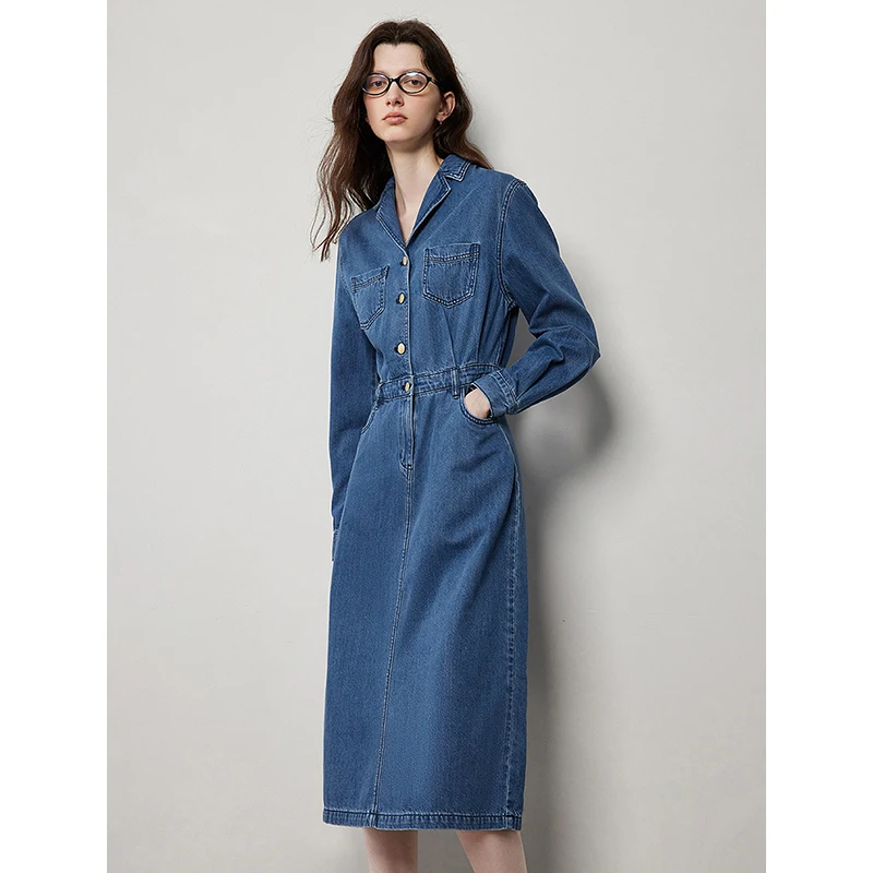 TOYOUTH Women Denim Dress 2024 Autumn New Mid Length Long Sleeve Lapel Collar A Line Elegant Streetwear Knee Length Dress