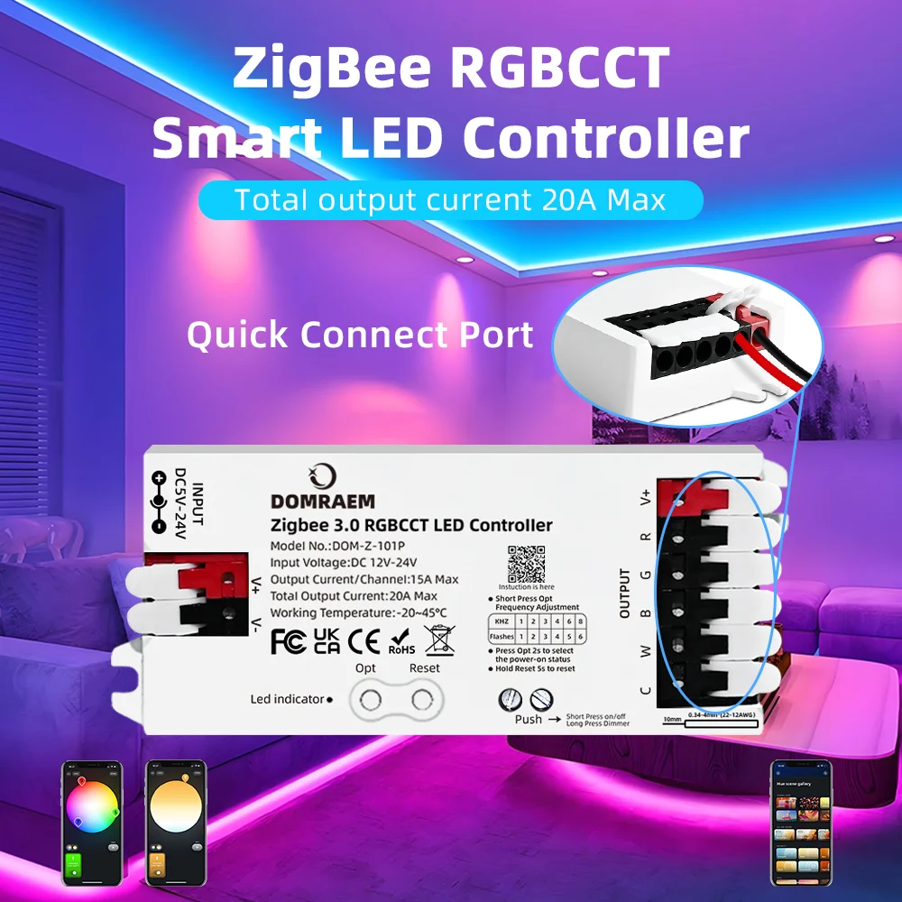 

Светодиодный контроллер DOMRAEM Zigbee 3.0+2.4G RGBW RGBCCT DC12-24V 20A работает с Hu*e/Echo Plus и т. д. Управление голосовым приложением Alexa