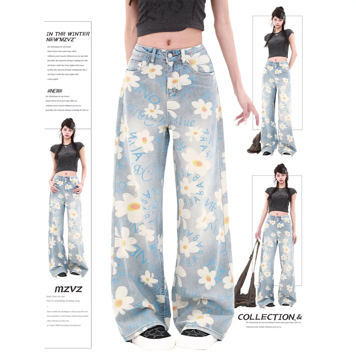 American style retro printed Little Daisy Blue Jeans Printing Fashion Streetwear Wide Leg   Trouser Straight Baggy