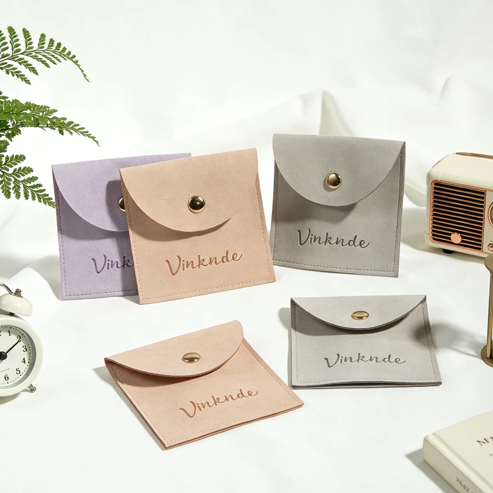 

100Pcs Custom Velvet Jewelry Snap Pouch Personalization Logo Small Microfiber Suede Cotton Jewellry Earrings Rings Package Bags