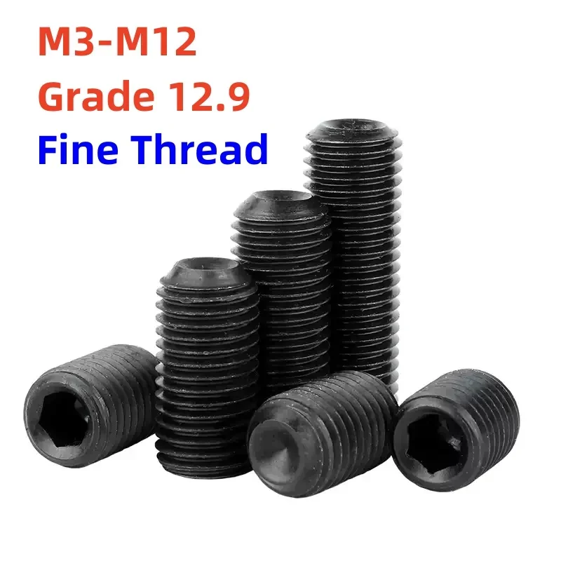 M3 M4 M5 M6 M8 M10 M12 Grade 12.9 Black Fine Thread Set Screw With Concave Set Screw Without Head Pitch 0.35/0.5/0.75/1.0/1.5mm