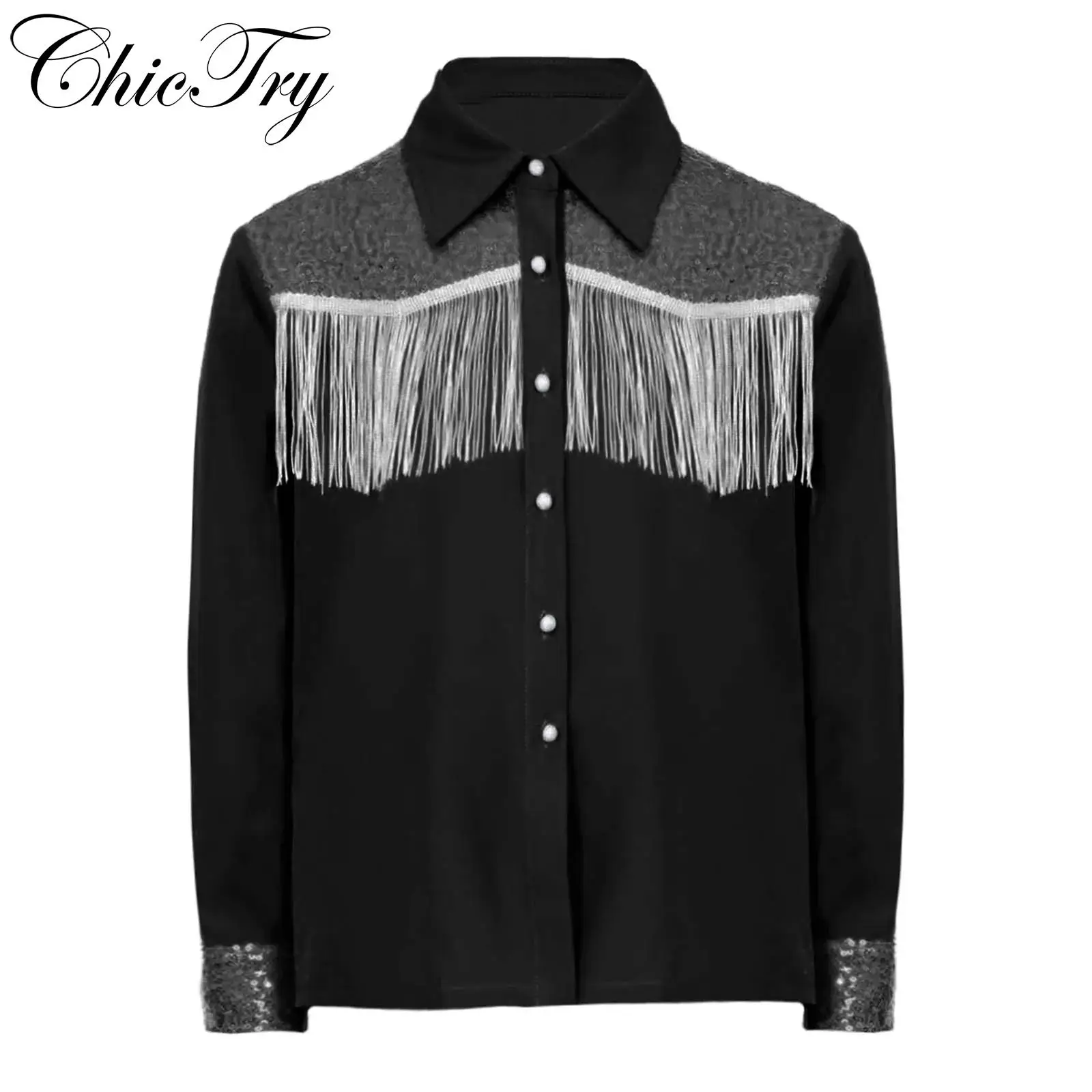 

Kids Girls Western Cowgirl Costume Long Sleeves Button-down Shirt Sequins Fringe Shirt Halloween Cosplay Roleplay Party Dress Up