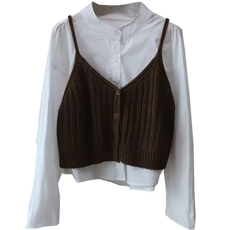 A New Solid-color Knitted Short Vest with A Halter Top for Women. It Features A Button-up Cardigan Design for Layering in Spring