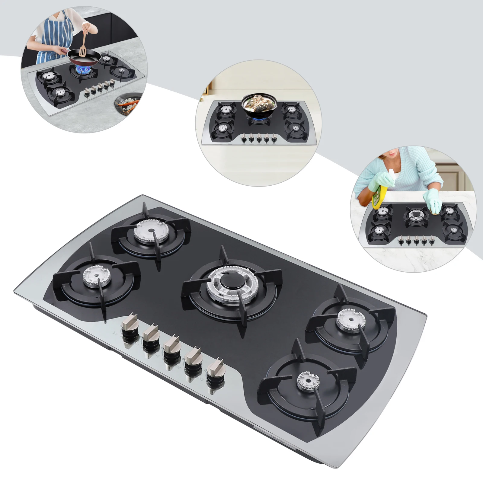 5 Burner Gas Hob LPG/NG Convertible, Built-In Gas Hob With Tempered Glass Panel & Cast Iron Grates, for Home Restaurant LPG/NG