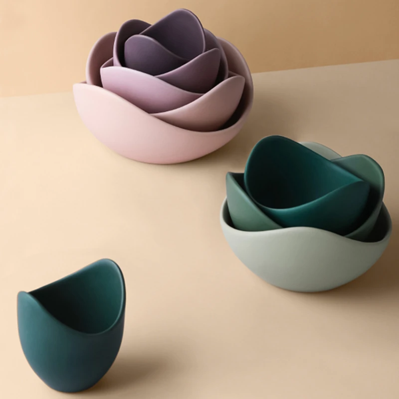 Matte Japanese Style Multi-colored Ceramic Bowl Set Creative Lotus Petal Design Fruit Plate Creative Dishware