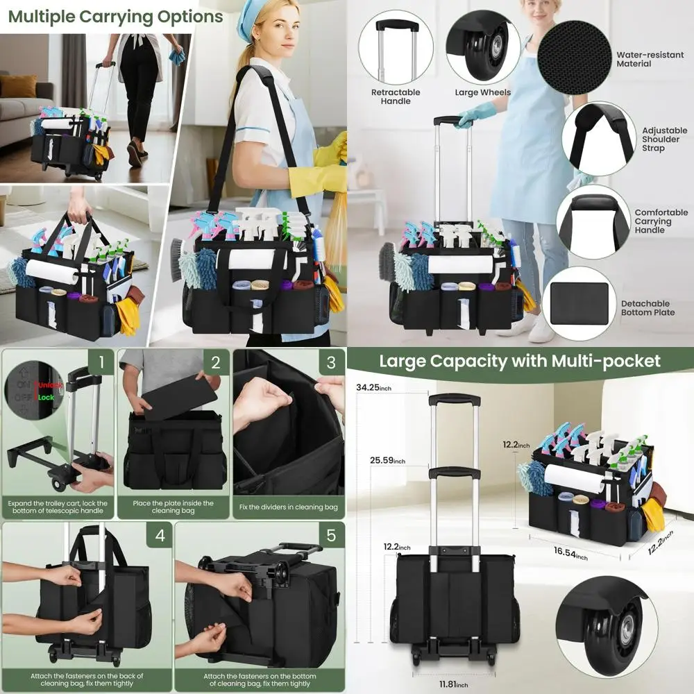 

Large Rolling Cleaning Cart with Detachable Trolley, Shoulder Strap, and Removable Dividers for Efficient Housekeeping