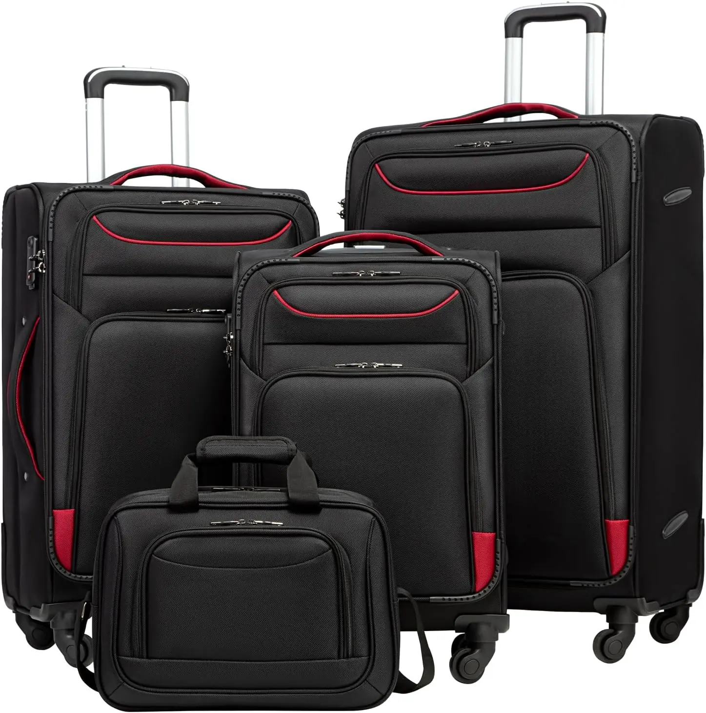 

Coolife Luggage 4 Piece Set Suitcase TSA Lock Spinner Softshell lightweight (black+red)