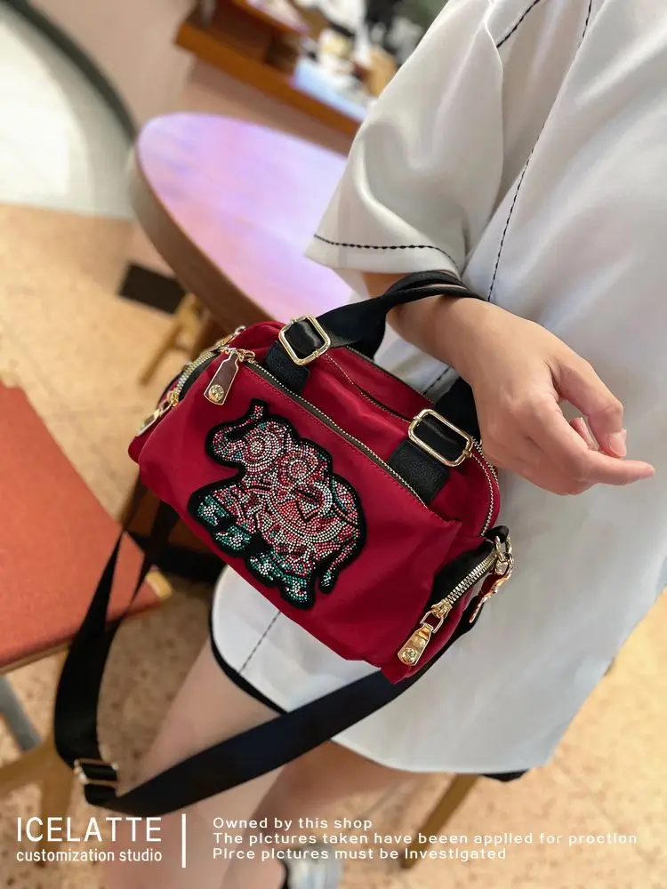 Cute Rhinestone Bear Bag Women's 2025 New Fashion Oxford Hand Bag Casual Ladies Crossbody Bolso Mujer Waterproof Sac