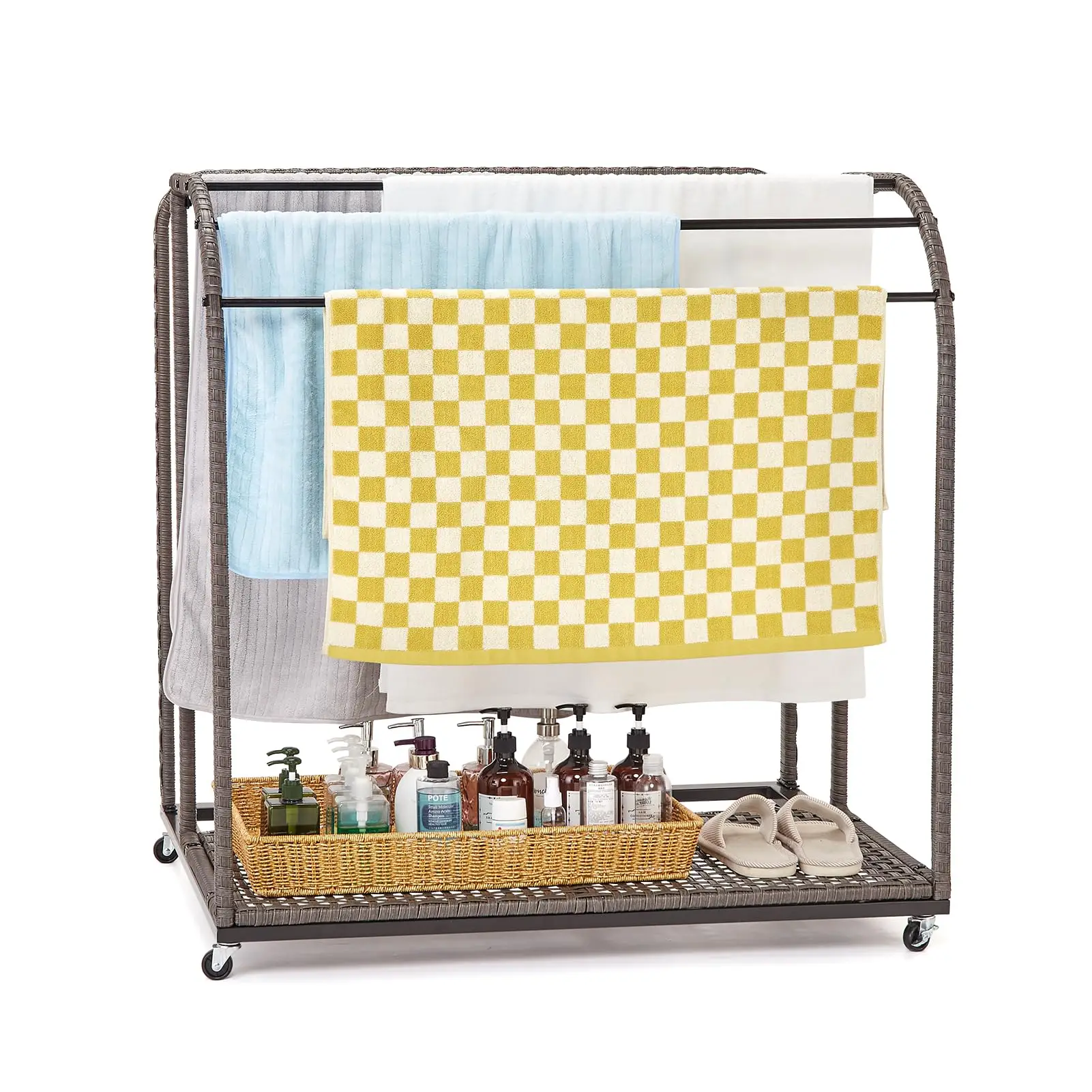 Pool Towel Rack,Outdoor Pool Storage with Rattan Base and 5 Towel Bars,Pool Float Storage with Compartments, Store Swimming Ring