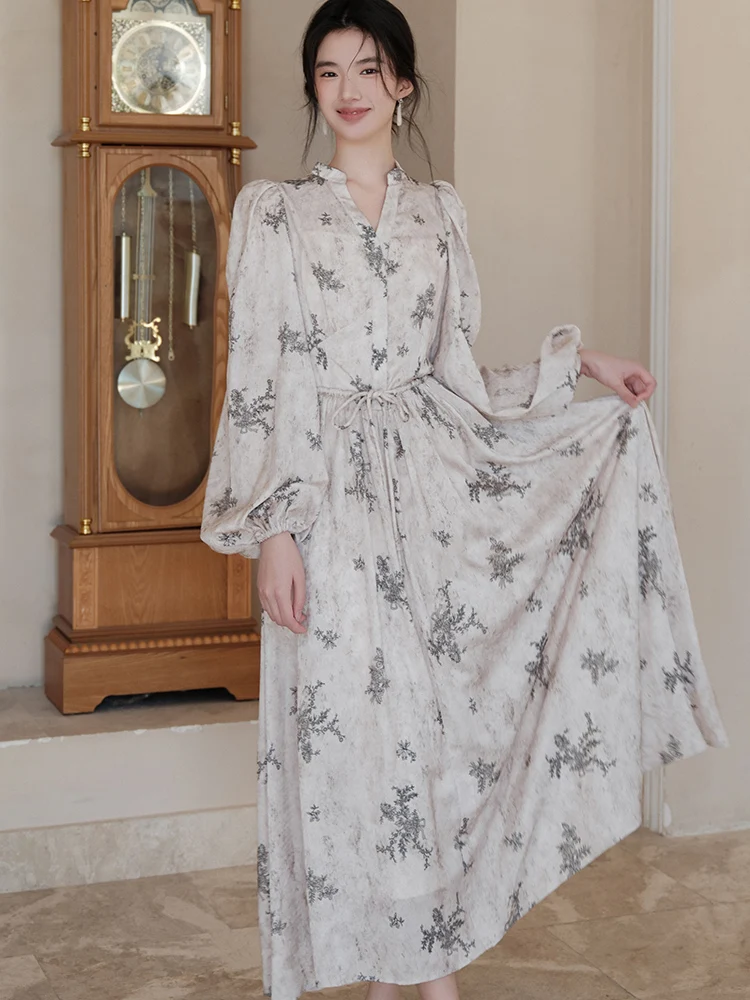 

Женское модное жаккардовое платье с длинным рукавом и v-образным вырезом, осень-зима, элегантное бандажное платье с бантом, 2025 г., корейское винтажное роскошное вечернее платье