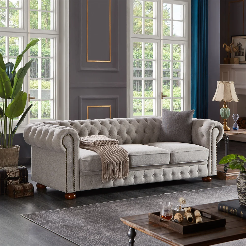Luxury Roller Armrest Special Solid Wood Leg Linen Fabric Upholstered Button Tufted Sofa