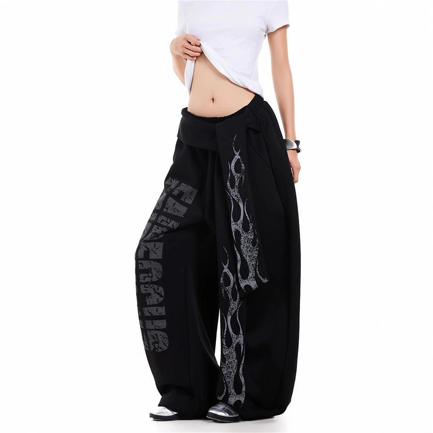 Y2K Women's Black Wide Leg Pants 2025 New Fashion Flame & Letter Graphic Print Loose High Waist Casual Streetwear Trousers