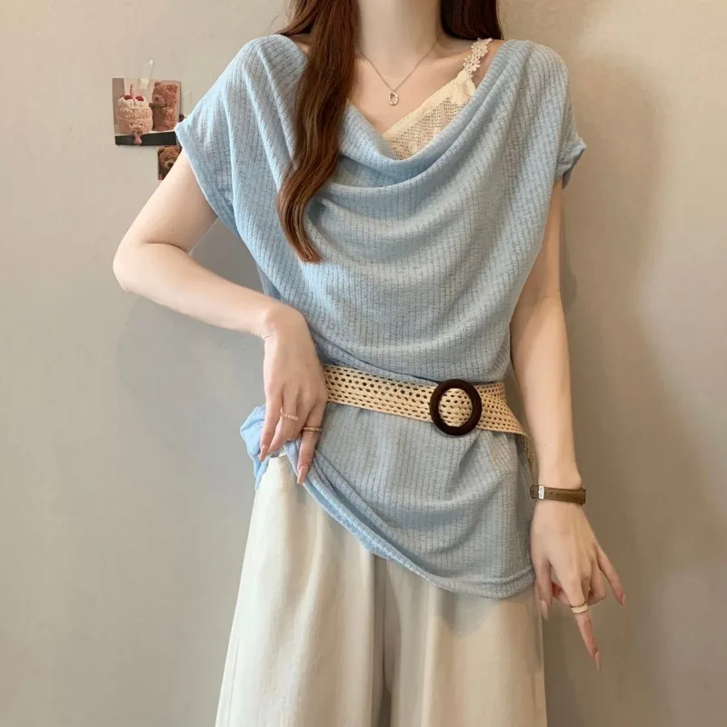 

Women's Lace Patchwork Fake Two Piece Slash Neck T-Shirts with Waistbelt Lady Summer Graceful Blue Short Sleeve 2025 New Tops