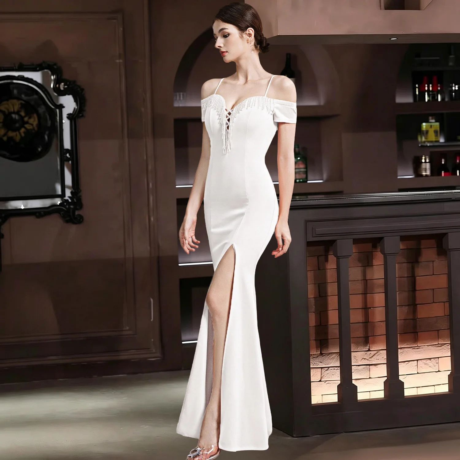 Evening Dress Women's Sling Party Annual Meeting Host off-Shoulder Slim Fishtail Long Dress