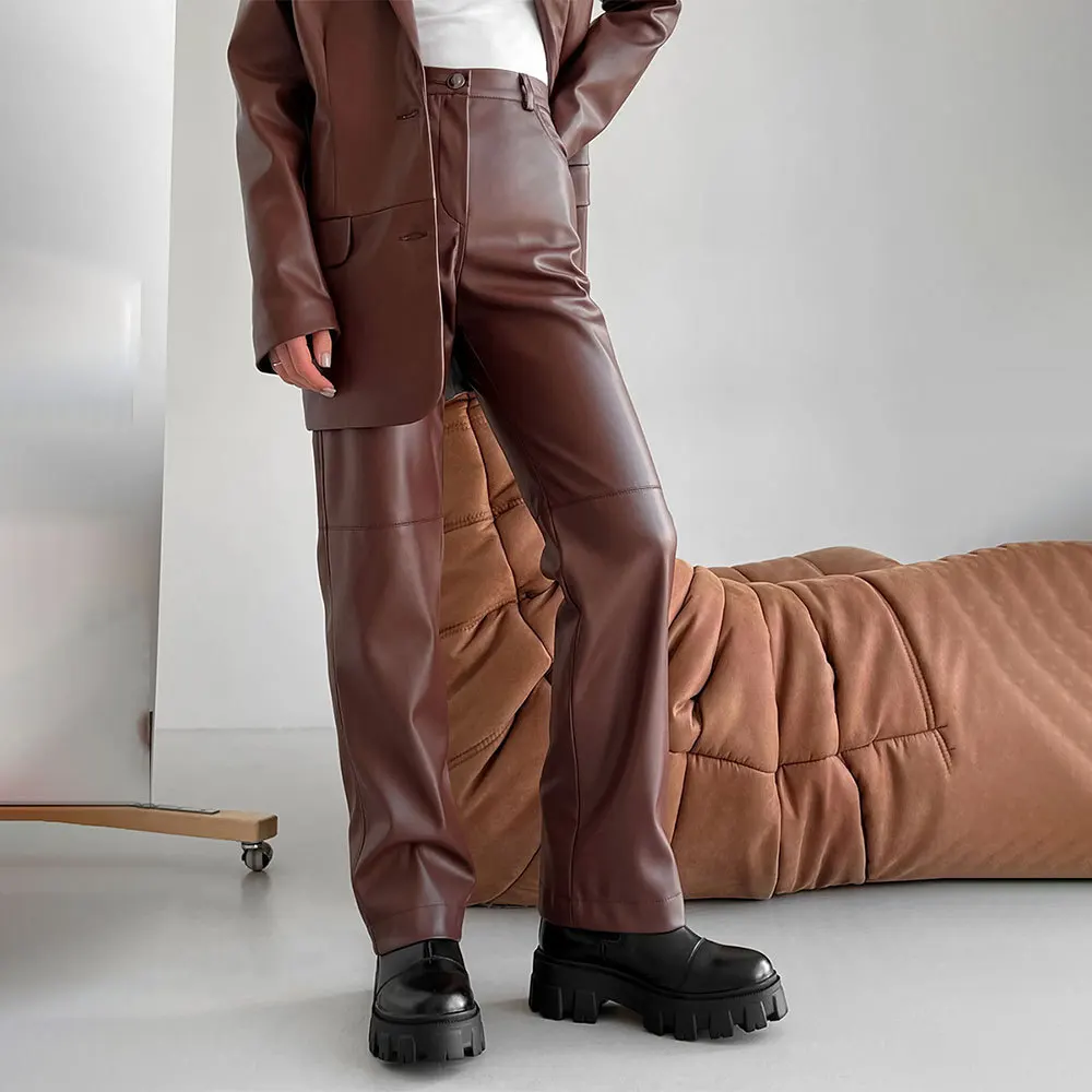 

Leather 2024 Autumn And Winter Style British Temperament Motorcycle Splicing Casual Women's PU Long Pants