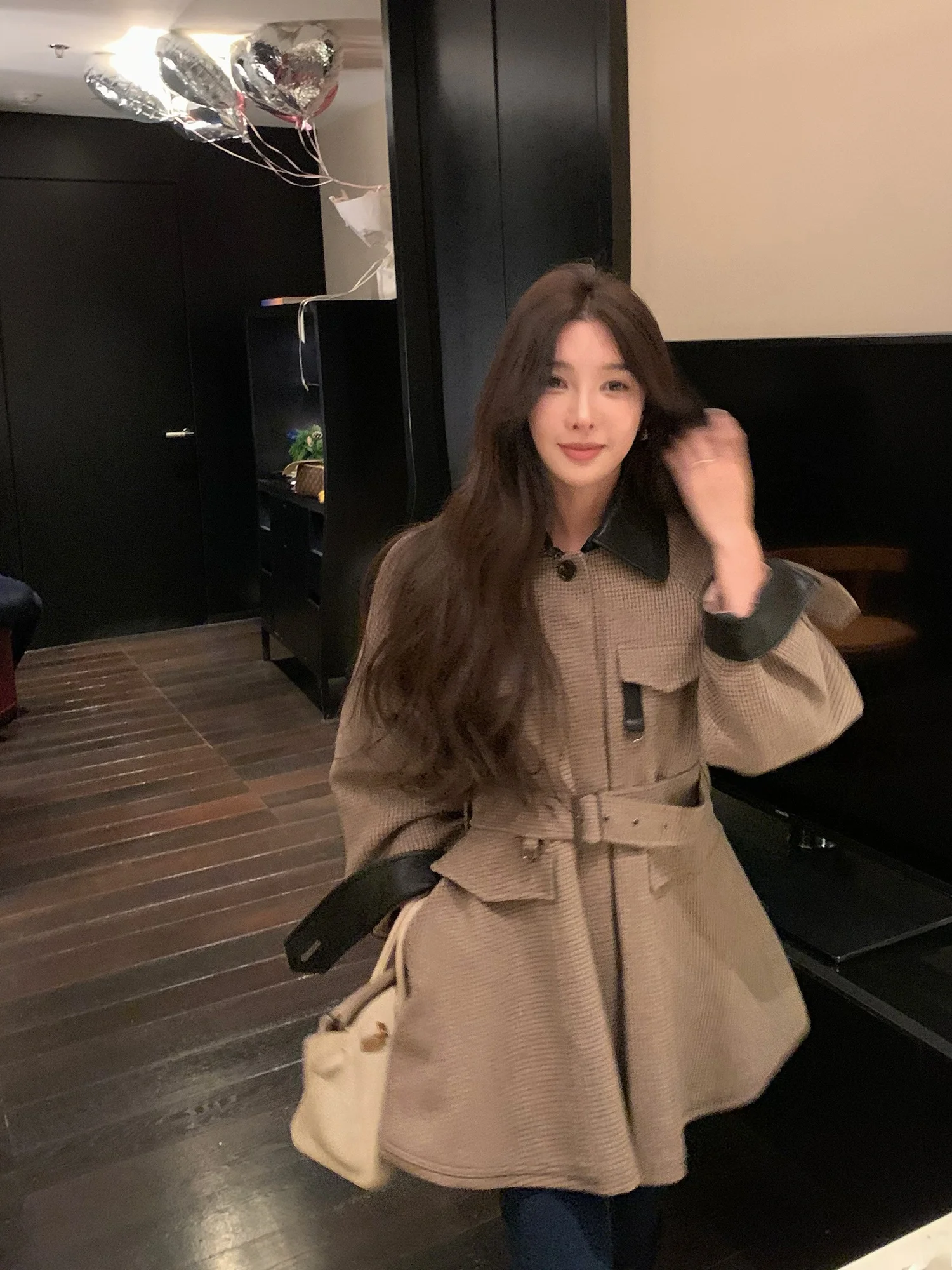 

Пальто-юбка iwei Qiang Dir для студентов, из хлопковой ткани с вставками из шерсти и кожи, в клетку, с поясом, для учебы за границей