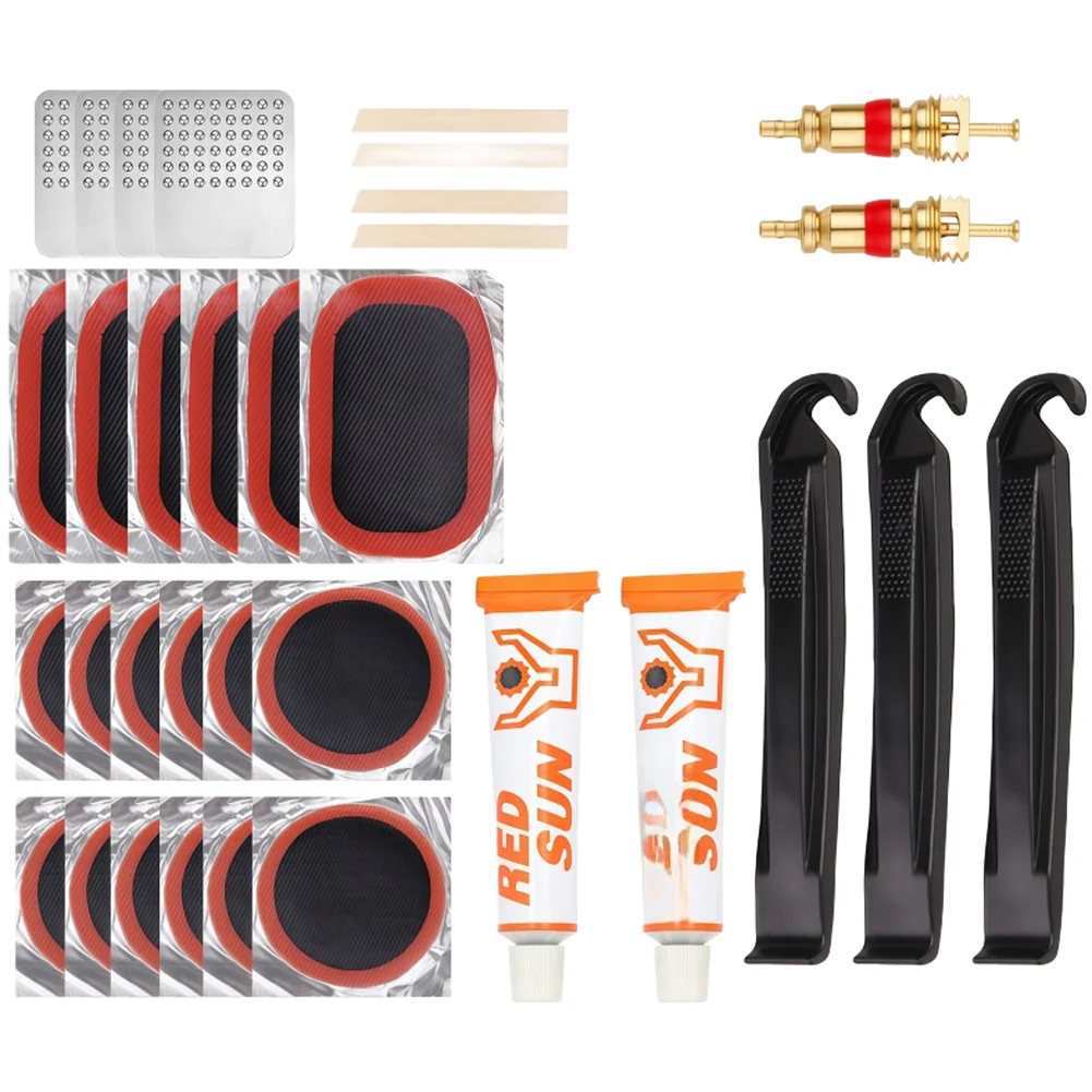 Ready to Go Bike Tire Repair Kit with Glue Free Patches Tire Levers Sandpaper and Valve Tools for Outdoor Cycling view 3