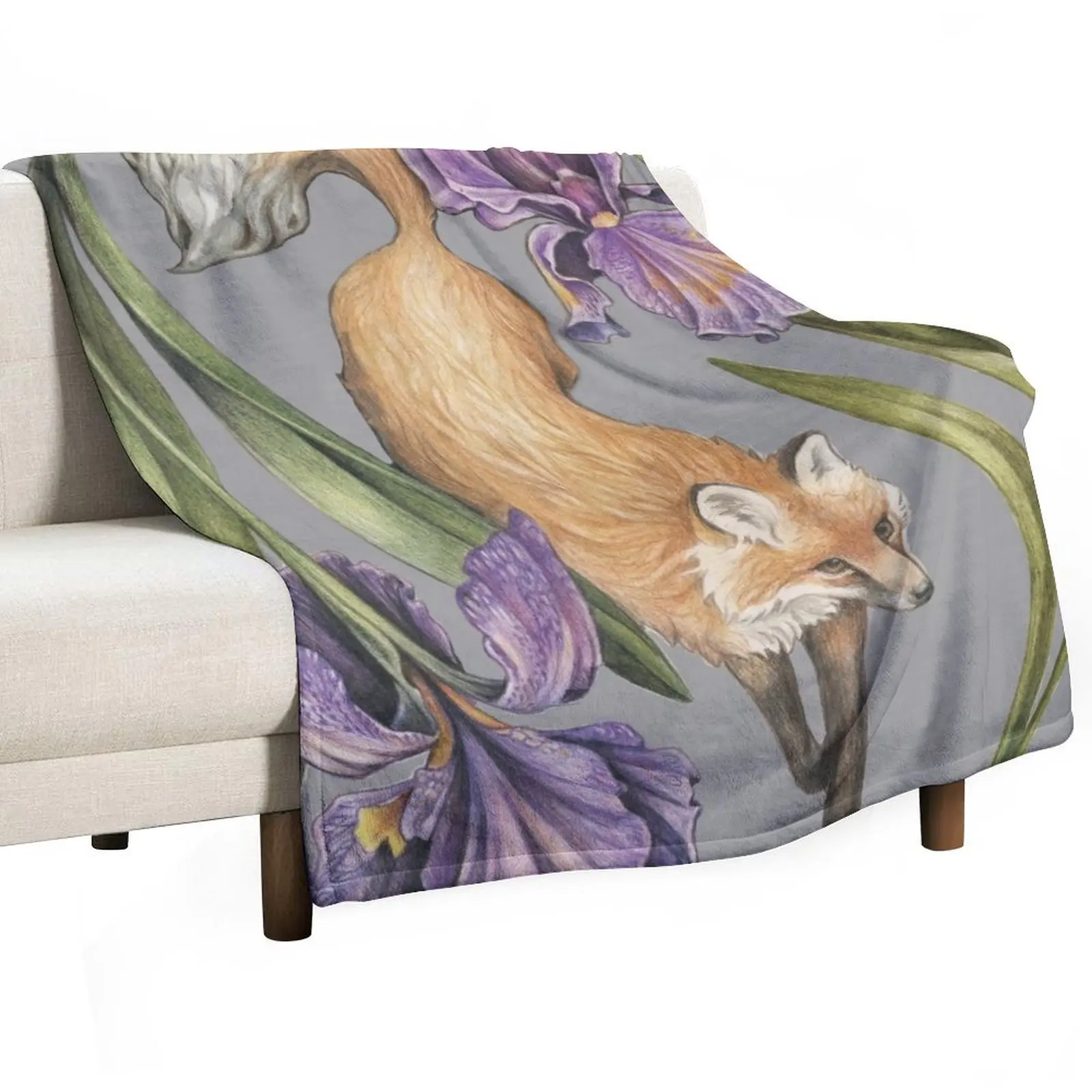 

Fox with Irises Throw Blanket Cute Luxury Designer For Baby Plaid on the sofa Blankets