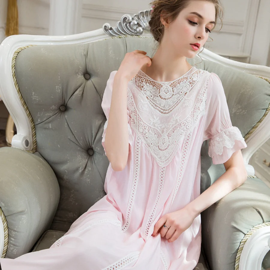 Elegant Ladies Cotton Nightgown Sleepwear Lace Hollow Sexy Women Night Dress Summer Pink White Plus Size Lingerie Dress Female