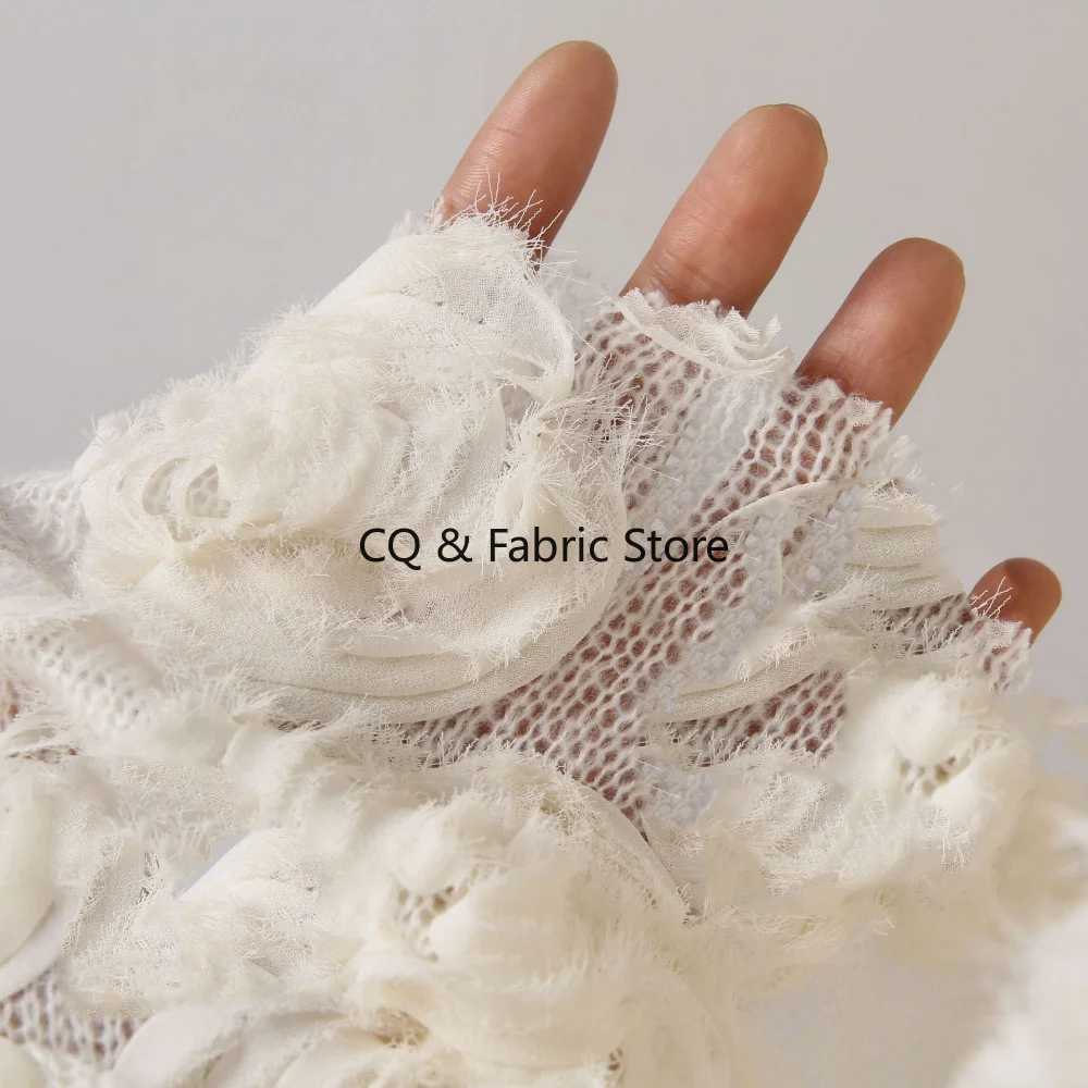 

Beige Color Velvet 3D Rose Embossed Embroidered Fabric Soft Sweater Clothing Dress Making Designer Fabric