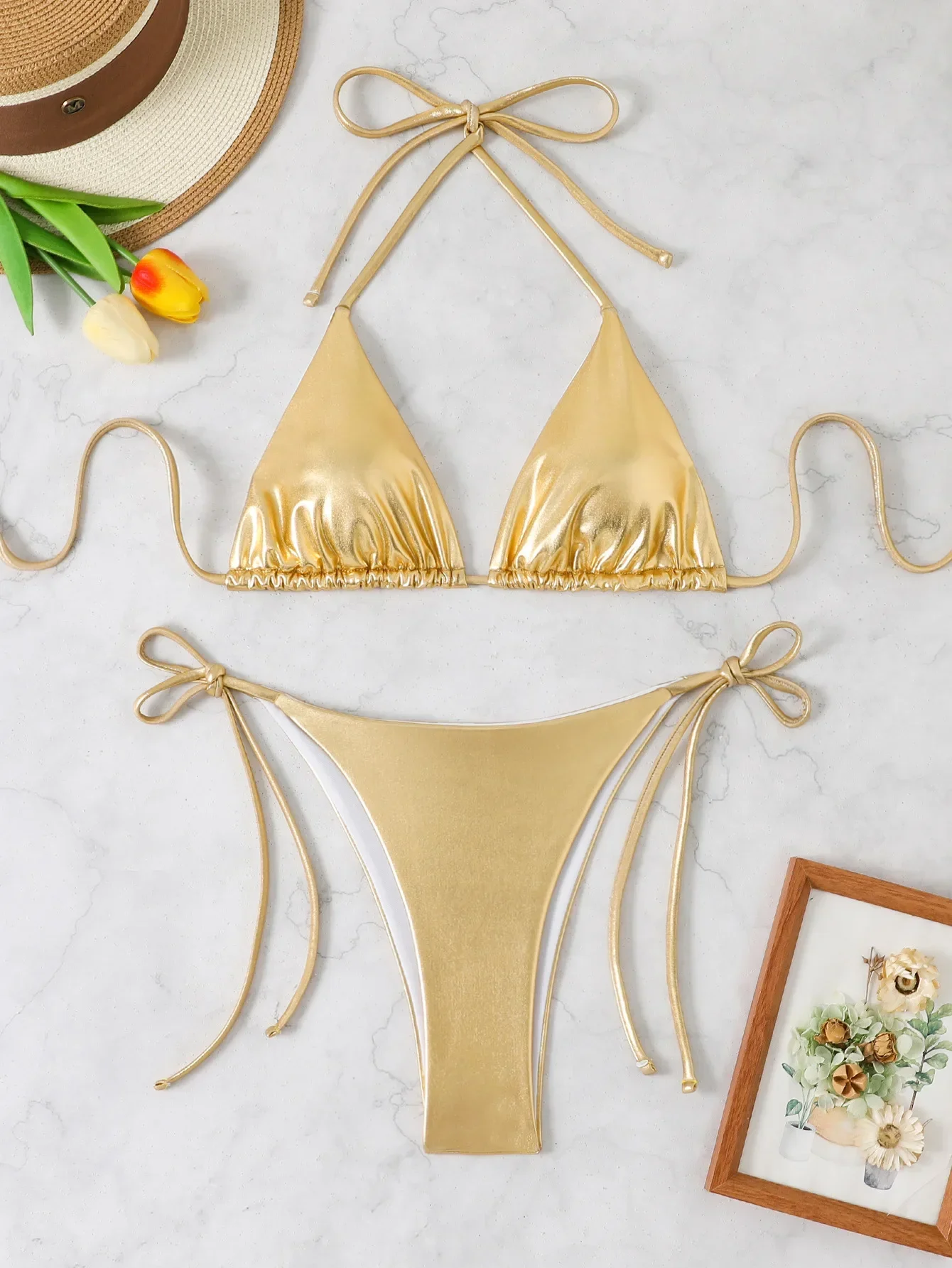 

sexy metallic glitter halter tie micro bikinis sets two pieces solid thong bandage swimsuit bathing suit swimwear biquini