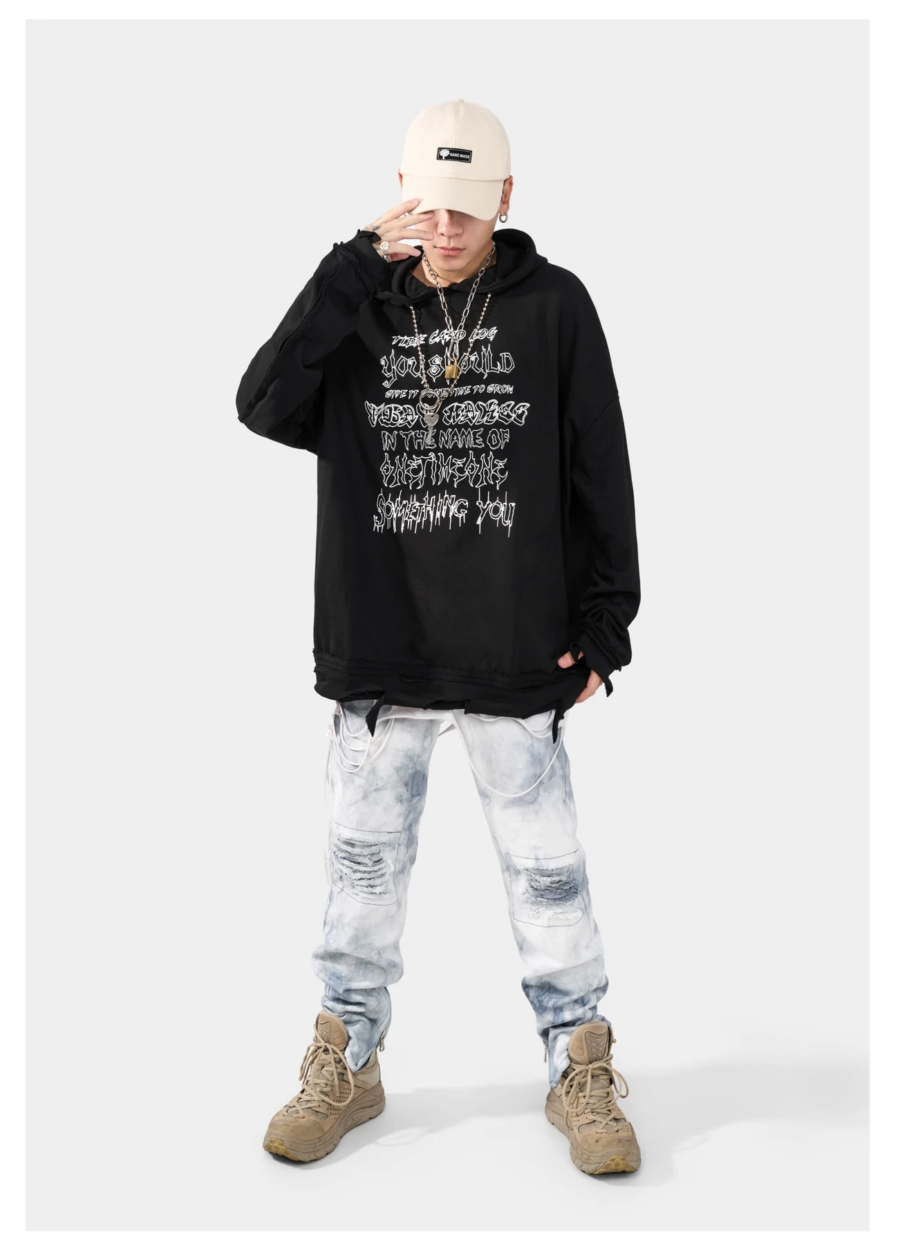 FAVRE Mens Womens Letter Print Ripped Sweatshirts Off-the-shoulder Loose Hoodies Couple Streetwear High Street Trend Pullovers