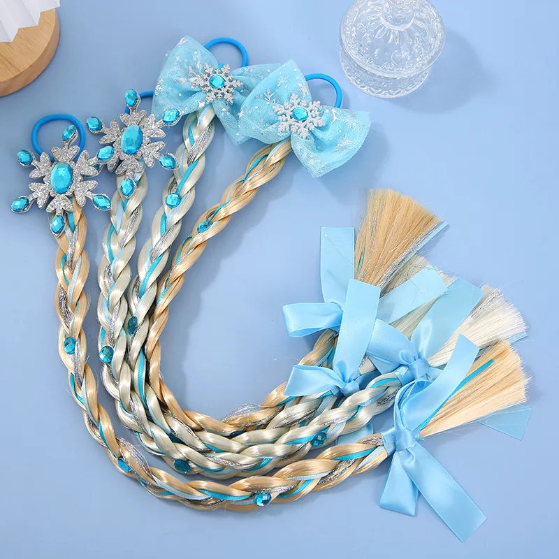 Girls Snowflake Hair Bow Kids Rainbow Hair Tie Princess Accessories Hairpieces Braids with Rubber Bands