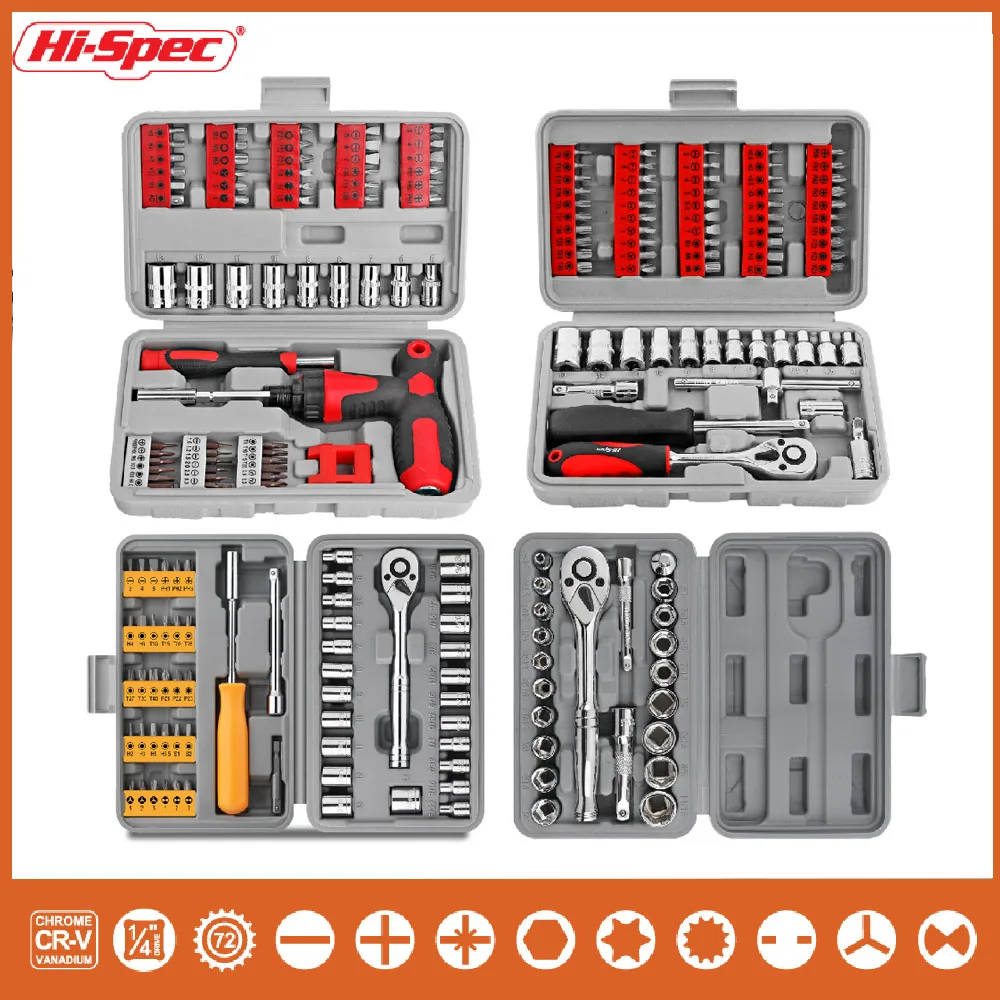 

Hi-Spec 61/68/57PCS 1/4inch Socket Wrench Ratchet Set Magnetic Screwdriver Bits Mechanical Hand Tool Kit for Home DIY Car Repair