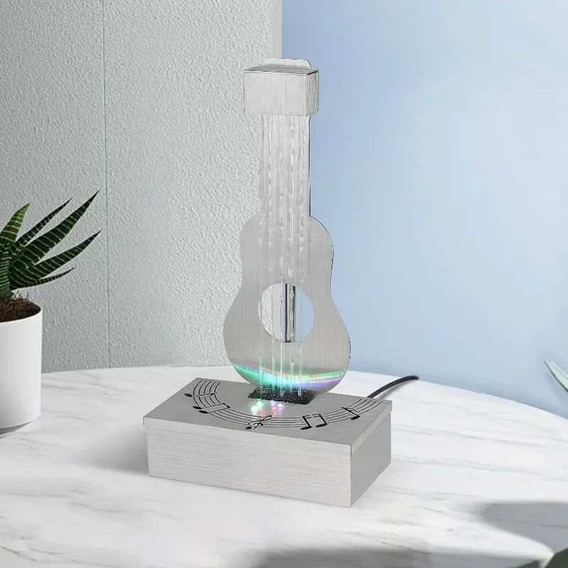 

Indoor Tabletop Fountain with 3-Color Lights, 304 Stainless Steel Guitar-Shaped Desktop Meditation Waterfall for Home