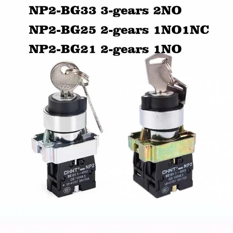 22mm CHNT NP2-BG Key Rotary 2/3 Position Lock Key Cable Sleeves NP2-BG21 BG25 BG33 1NO 1NO1NC 2NO Industrial Control Button