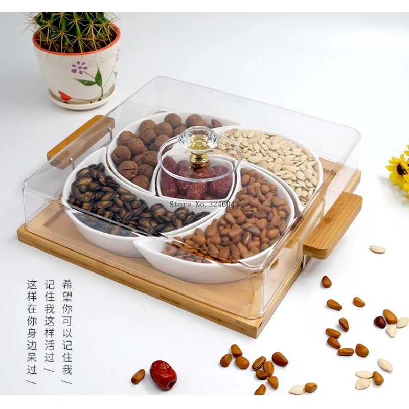 Separated ceramic dried fruit platter square snack candy nut box combination with lid tray