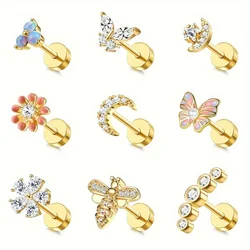 IRONBOX 1Pc Cartilage Earrings Stud for Women Surgical Steel Flat Back Earring Butterfly Flower Tragus Helix Piercing Jewelry