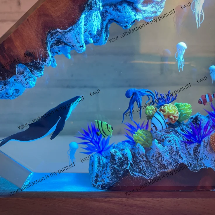 Humpback Whale and Jellyfish Resin Night Light Epoxy and Wooden Ocean Resin Light Gift to Mom