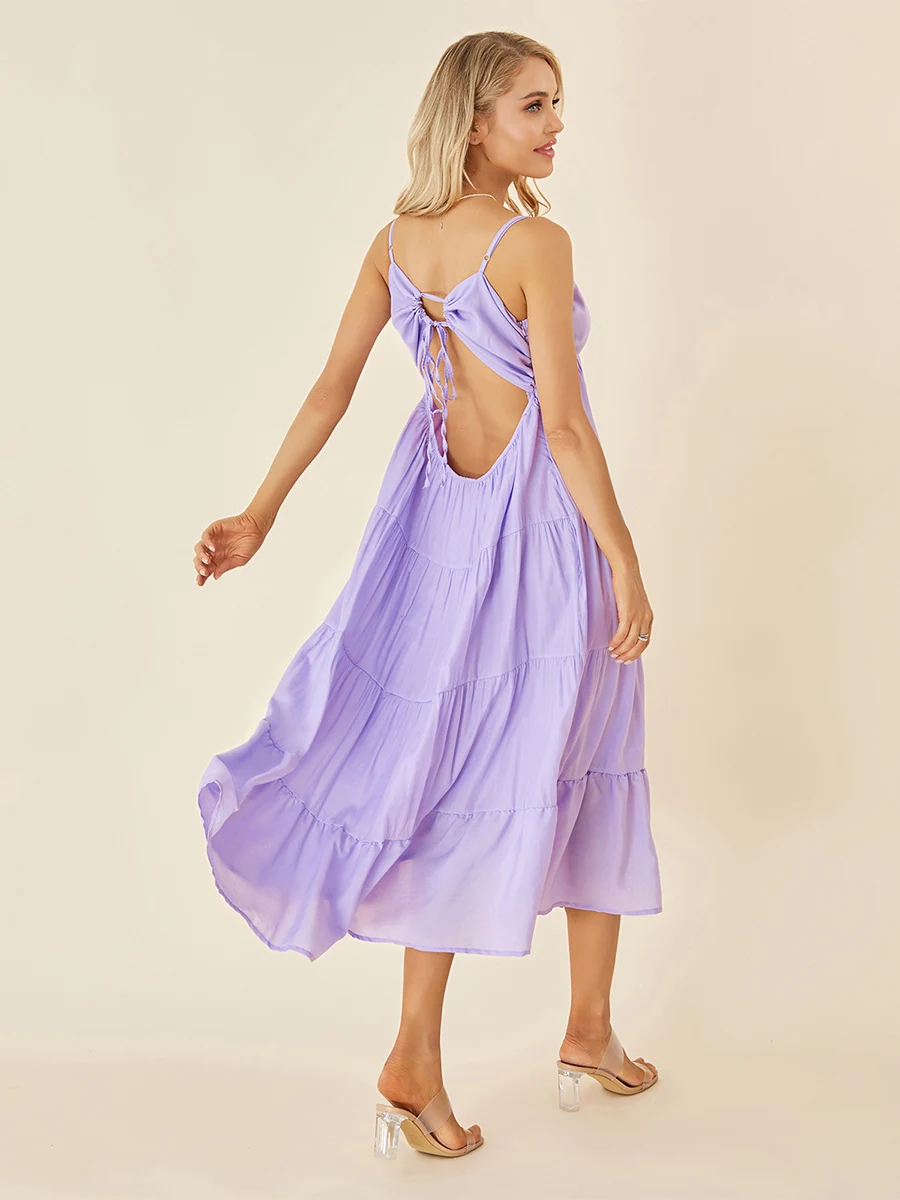 Women Summer Boho Long Dress Solid Color Low Cut Spaghetti Strap Backless Tie Up Cutout A-line Cami Dress for Beach Party Club