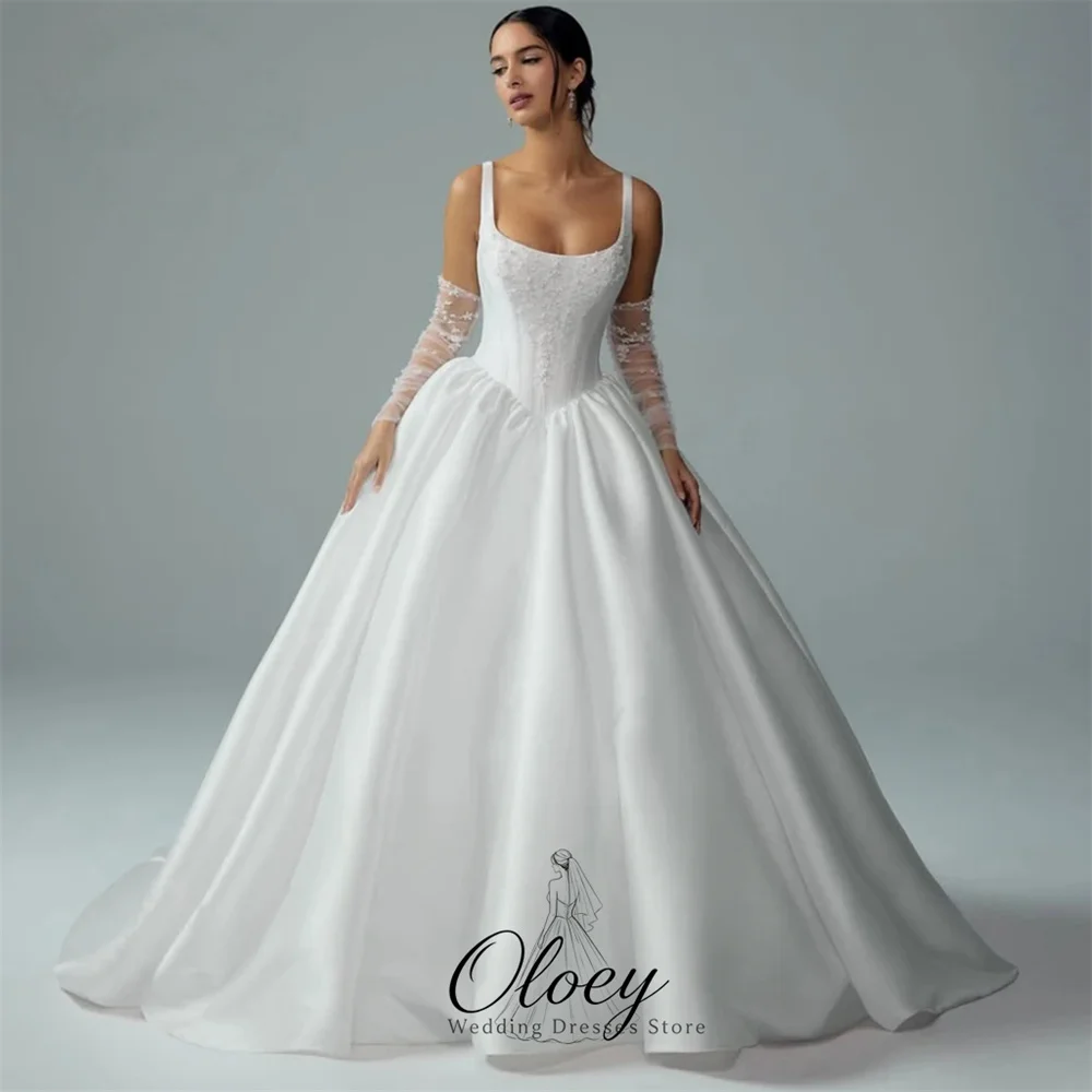 OLOEY Classic Square Neck Lace Applique Wedding Dresses For Woman A-Line Satin Beach Bridal Gown Customized Vestidos De Novia